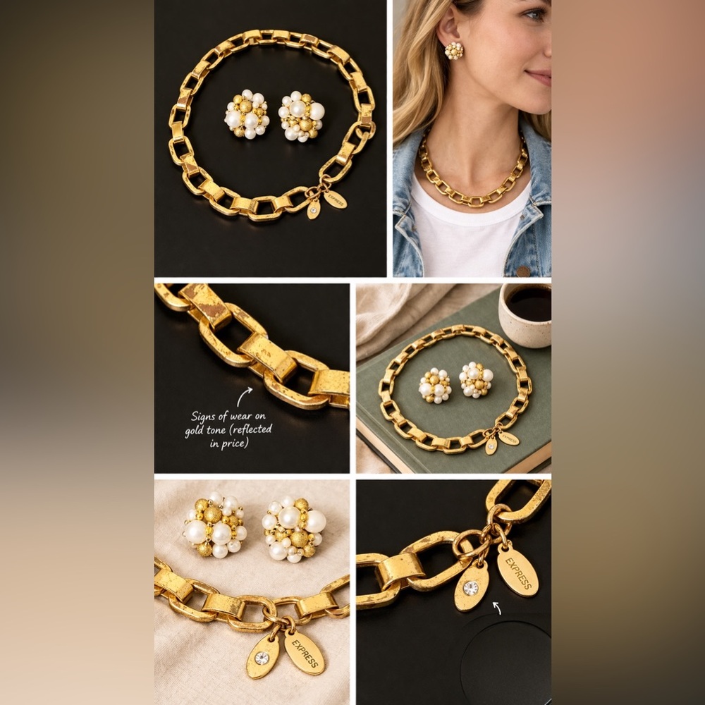 Chunky gold-tone chain link necklace & cluster pearl vintage clip on earrings 🤍✨ - Picture 1 of 2